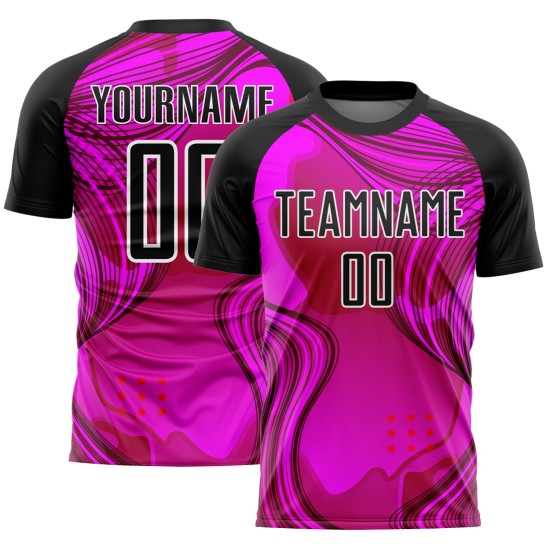 Custom Hot Pink Black-White Waves Sublimation Soccer Uniform Jersey Custom Hot Pink Black-White Waves Sublimation Soccer Uniform Jersey