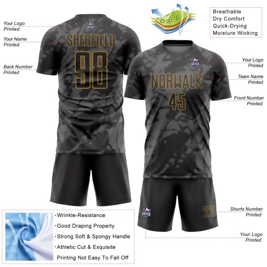 Custom Black Gray-Old Gold Abstract Grunge Art Sublimation Soccer Uniform Jersey Custom Black Gray-Old Gold Abstract Grunge Art Sublimation Soccer Uniform Jersey