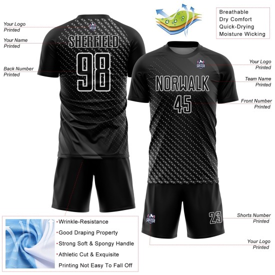 Custom Black White Geometric Shapes Sublimation Soccer Uniform Jersey Custom Black White Geometric Shapes Sublimation Soccer Uniform Jersey