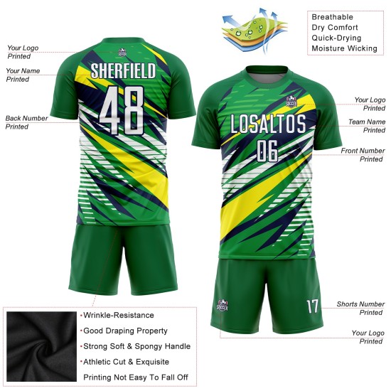 Custom Green White Yellow-Navy Sublimation Soccer Uniform Jersey Custom Green White Yellow-Navy Sublimation Soccer Uniform Jersey
