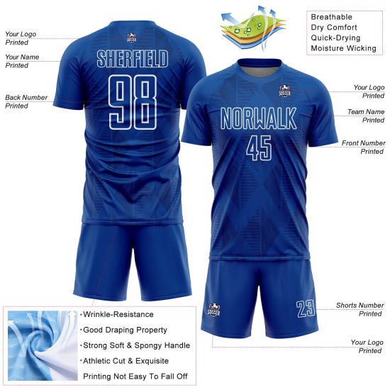 Custom Royal White Geometric Shapes Sublimation Soccer Uniform Jersey Custom Royal White Geometric Shapes Sublimation Soccer Uniform Jersey
