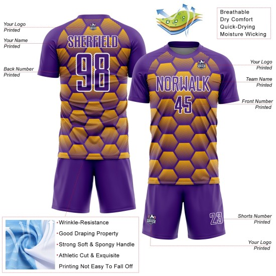Custom Purple Gold-White Hexagons Pattern Sublimation Soccer Uniform Jersey Custom Purple Gold-White Hexagons Pattern Sublimation Soccer Uniform Jersey