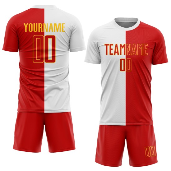 Custom White Red-Gold Sublimation Split Fashion Soccer Uniform Jersey Custom White Red-Gold Sublimation Split Fashion Soccer Uniform Jersey