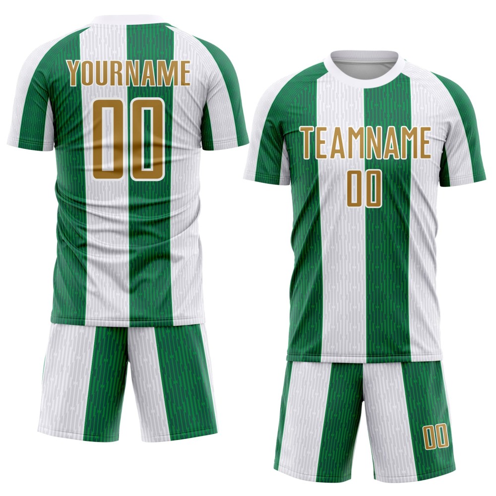 Custom White Old Gold-Kelly Green Sublimation Soccer Uniform Jersey Custom White Old Gold-Kelly Green Sublimation Soccer Uniform Jersey