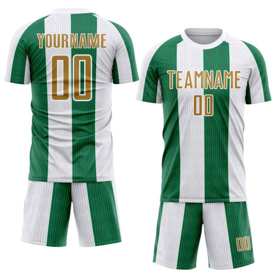 Custom White Old Gold-Kelly Green Sublimation Soccer Uniform Jersey Custom White Old Gold-Kelly Green Sublimation Soccer Uniform Jersey
