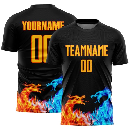 Custom Black Yellow-Orange Dragon Flame Sublimation Soccer Uniform Jersey Custom Black Yellow-Orange Dragon Flame Sublimation Soccer Uniform Jersey
