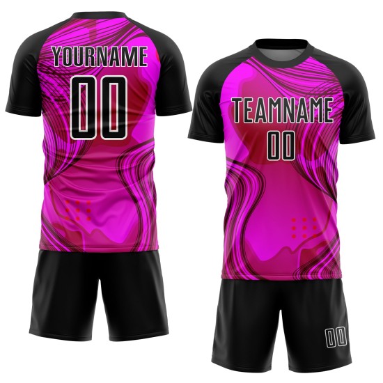 Custom Hot Pink Black-White Waves Sublimation Soccer Uniform Jersey Custom Hot Pink Black-White Waves Sublimation Soccer Uniform Jersey
