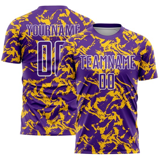 Custom Purple Gold-White Abstract Fluid Sublimation Soccer Uniform Jersey Custom Purple Gold-White Abstract Fluid Sublimation Soccer Uniform Jersey