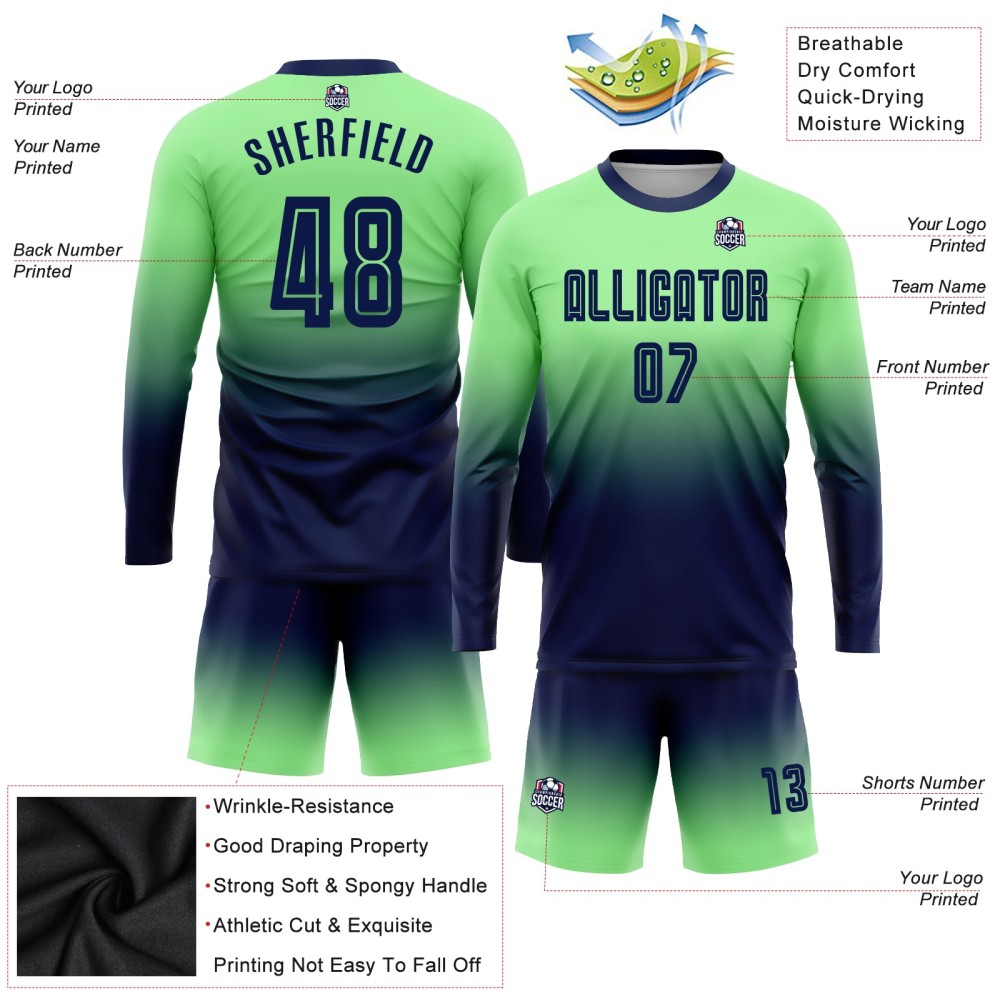 Custom Pea Green Navy Sublimation Long Sleeve Fade Fashion Soccer Uniform Jersey Custom Pea Green Navy Sublimation Long Sleeve Fade Fashion Soccer Uniform Jersey