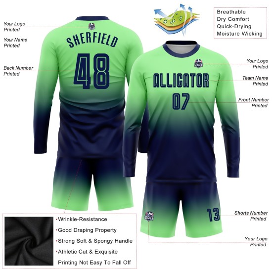 Custom Pea Green Navy Sublimation Long Sleeve Fade Fashion Soccer Uniform Jersey Custom Pea Green Navy Sublimation Long Sleeve Fade Fashion Soccer Uniform Jersey