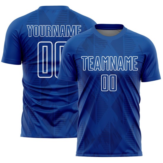 Custom Royal White Geometric Shapes Sublimation Soccer Uniform Jersey Custom Royal White Geometric Shapes Sublimation Soccer Uniform Jersey