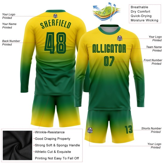 Custom Gold Kelly Green Sublimation Long Sleeve Fade Fashion Soccer Uniform Jersey Custom Gold Kelly Green Sublimation Long Sleeve Fade Fashion Soccer Uniform Jersey