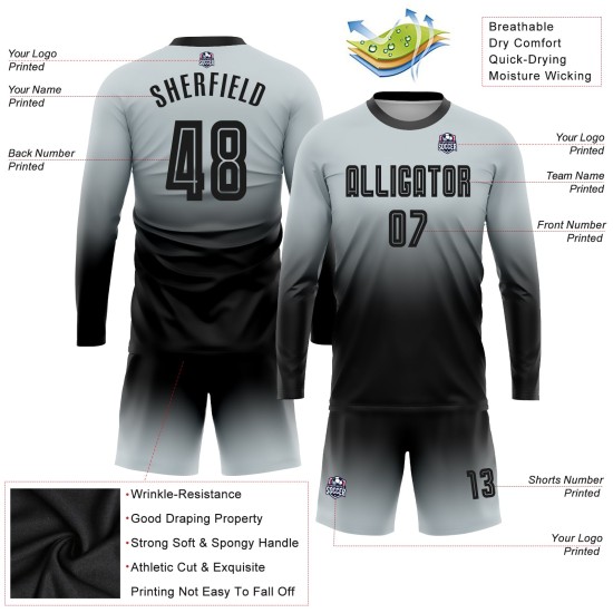 Custom Silver Black Sublimation Long Sleeve Fade Fashion Soccer Uniform Jersey Custom Silver Black Sublimation Long Sleeve Fade Fashion Soccer Uniform Jersey
