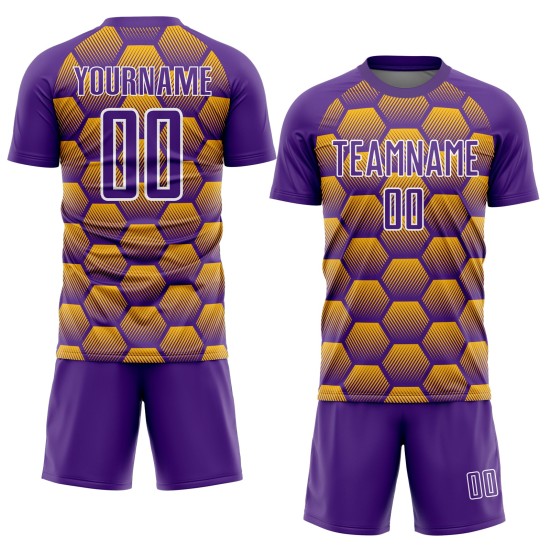 Custom Purple Gold-White Hexagons Pattern Sublimation Soccer Uniform Jersey Custom Purple Gold-White Hexagons Pattern Sublimation Soccer Uniform Jersey