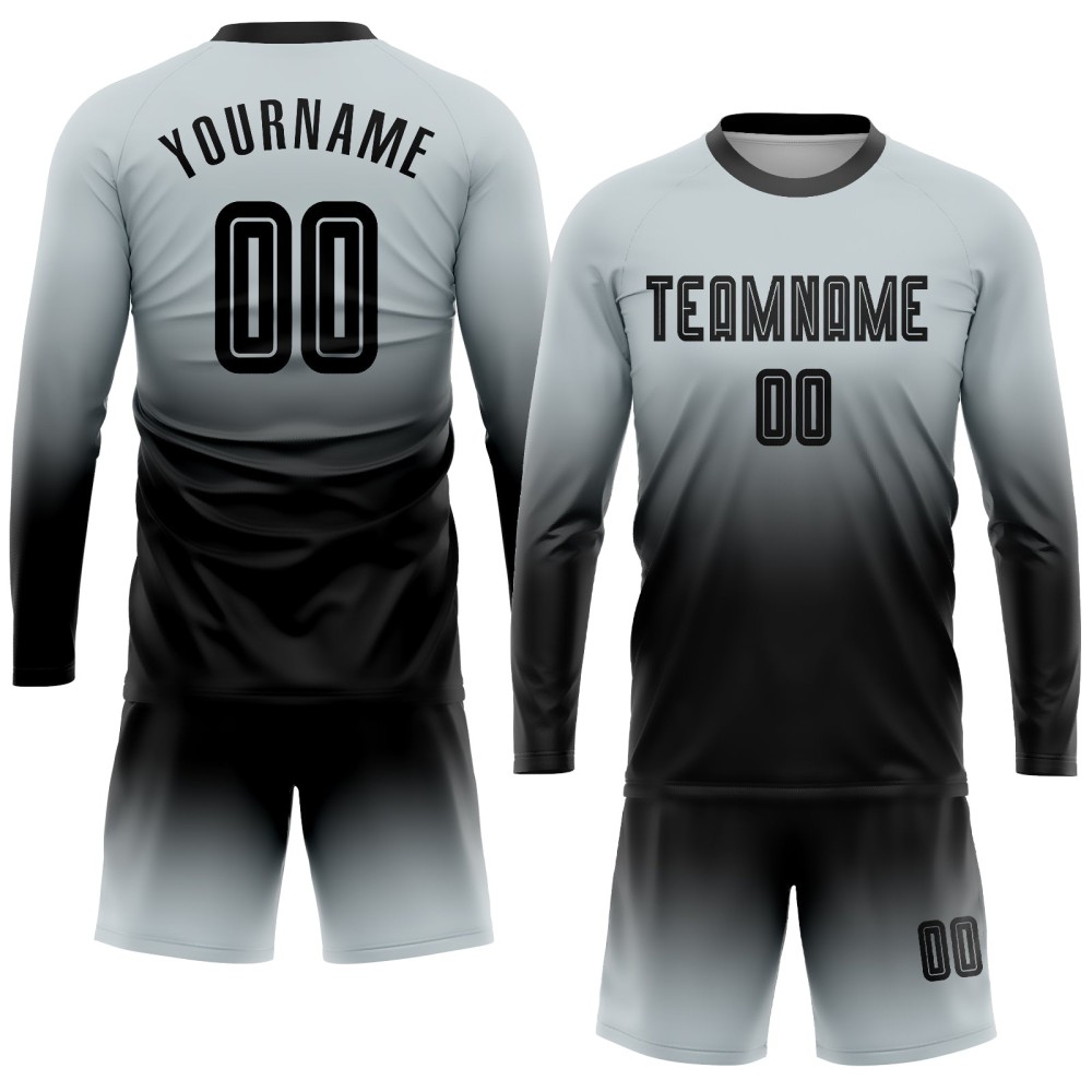 Custom Silver Black Sublimation Long Sleeve Fade Fashion Soccer Uniform Jersey Custom Silver Black Sublimation Long Sleeve Fade Fashion Soccer Uniform Jersey