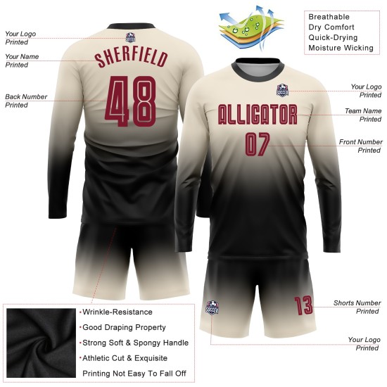 Custom Cream Crimson-Black Sublimation Long Sleeve Fade Fashion Soccer Uniform Jersey Custom Cream Crimson-Black Sublimation Long Sleeve Fade Fashion Soccer Uniform Jersey