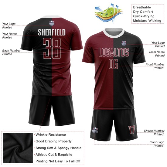Custom Black Crimson-White Sublimation Split Fashion Soccer Uniform Jersey Custom Black Crimson-White Sublimation Split Fashion Soccer Uniform Jersey