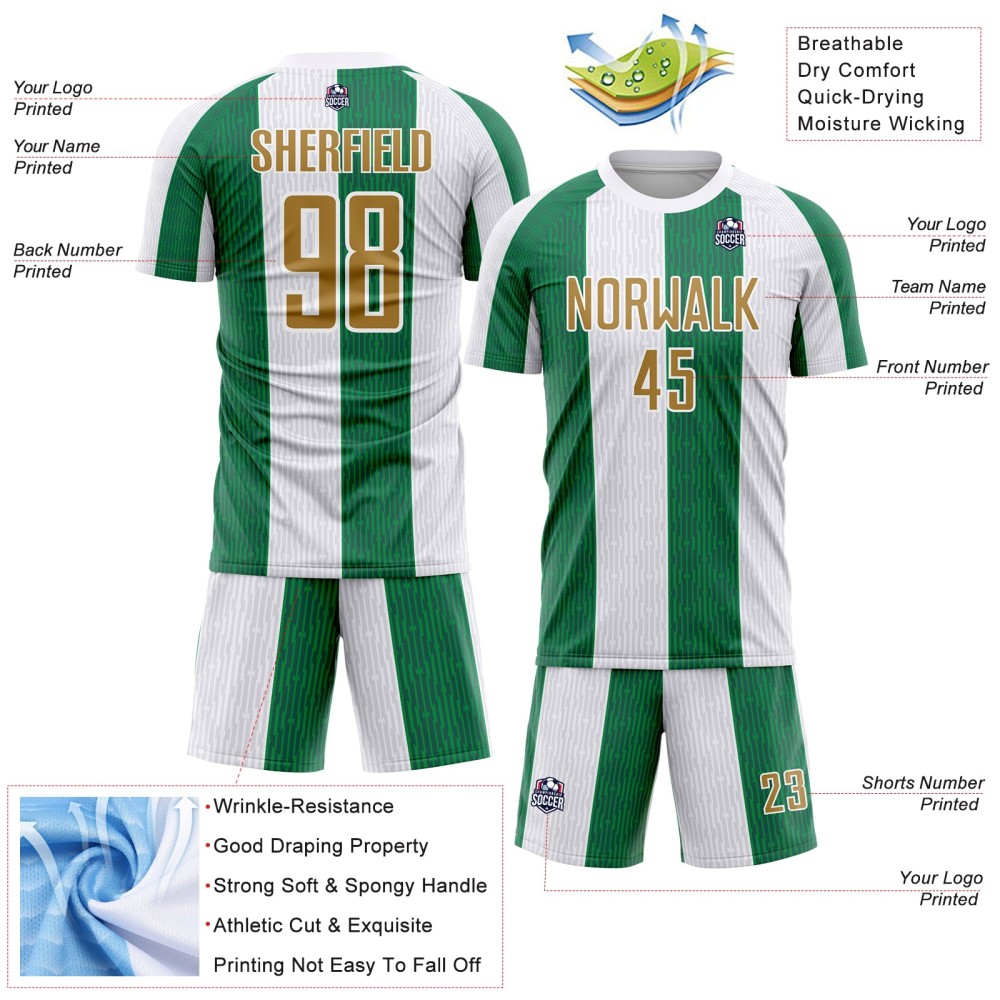 Custom White Old Gold-Kelly Green Sublimation Soccer Uniform Jersey Custom White Old Gold-Kelly Green Sublimation Soccer Uniform Jersey