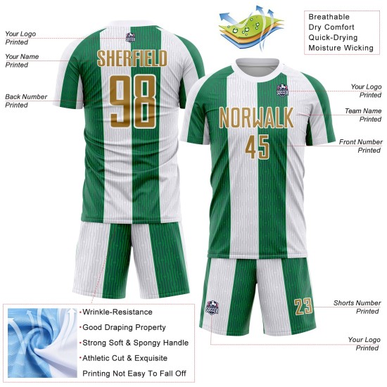 Custom White Old Gold-Kelly Green Sublimation Soccer Uniform Jersey Custom White Old Gold-Kelly Green Sublimation Soccer Uniform Jersey
