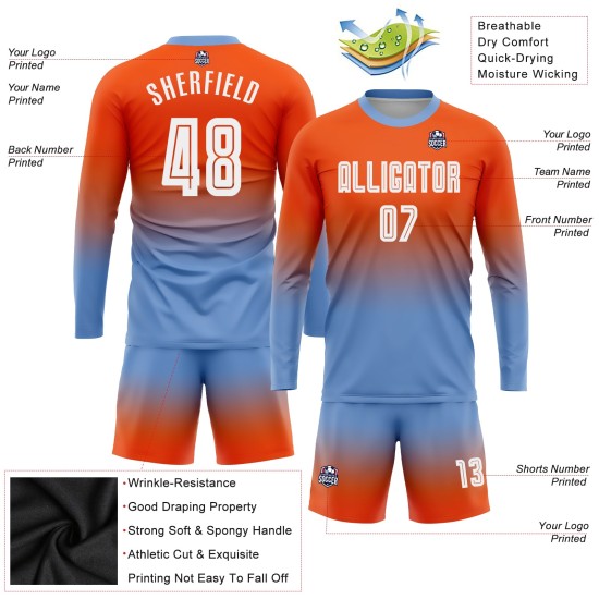 Custom Orange White-Light Blue Sublimation Long Sleeve Fade Fashion Soccer Uniform Jersey Custom Orange White-Light Blue Sublimation Long Sleeve Fade Fashion Soccer Uniform Jersey