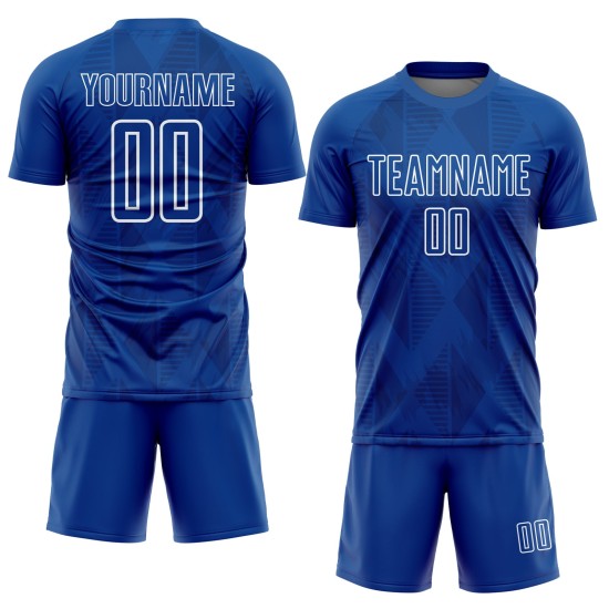 Custom Royal White Geometric Shapes Sublimation Soccer Uniform Jersey Custom Royal White Geometric Shapes Sublimation Soccer Uniform Jersey