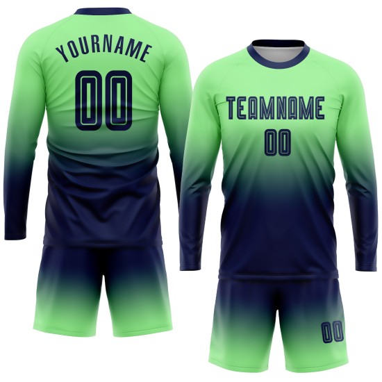 Custom Pea Green Navy Sublimation Long Sleeve Fade Fashion Soccer Uniform Jersey Custom Pea Green Navy Sublimation Long Sleeve Fade Fashion Soccer Uniform Jersey