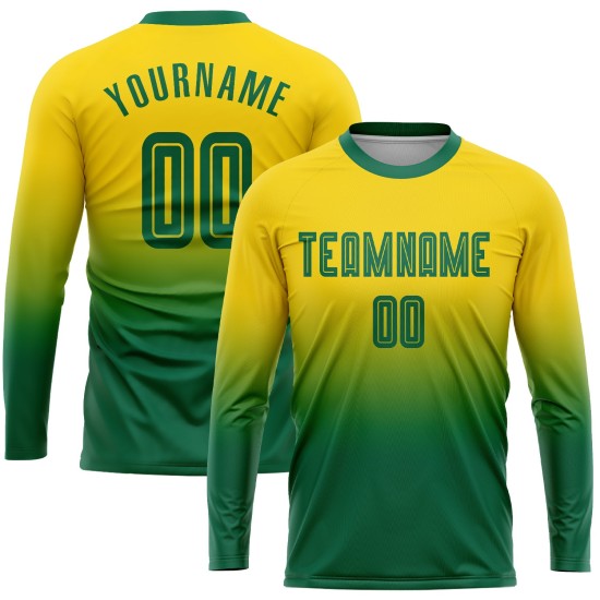 Custom Gold Kelly Green Sublimation Long Sleeve Fade Fashion Soccer Uniform Jersey Custom Gold Kelly Green Sublimation Long Sleeve Fade Fashion Soccer Uniform Jersey
