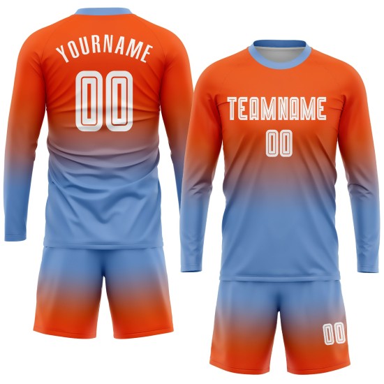 Custom Orange White-Light Blue Sublimation Long Sleeve Fade Fashion Soccer Uniform Jersey Custom Orange White-Light Blue Sublimation Long Sleeve Fade Fashion Soccer Uniform Jersey