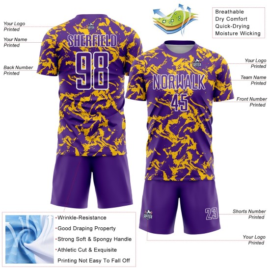Custom Purple Gold-White Abstract Fluid Sublimation Soccer Uniform Jersey Custom Purple Gold-White Abstract Fluid Sublimation Soccer Uniform Jersey