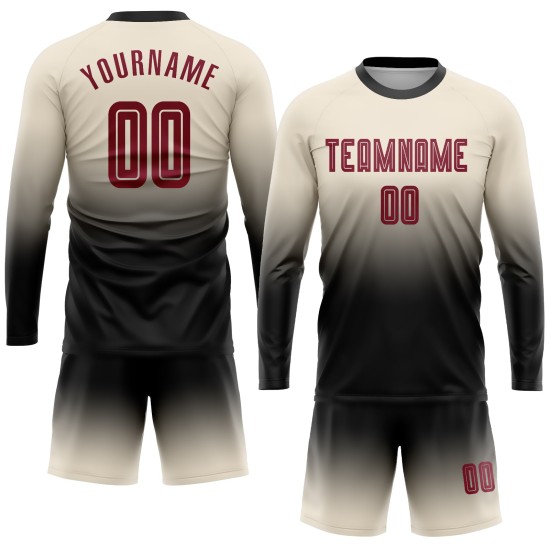 Custom Cream Crimson-Black Sublimation Long Sleeve Fade Fashion Soccer Uniform Jersey Custom Cream Crimson-Black Sublimation Long Sleeve Fade Fashion Soccer Uniform Jersey