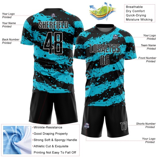 Custom Black Lakes Blue-White Splash Sublimation Soccer Uniform Jersey Custom Black Lakes Blue-White Splash Sublimation Soccer Uniform Jersey