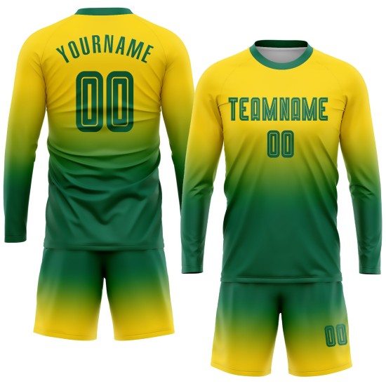 Custom Gold Kelly Green Sublimation Long Sleeve Fade Fashion Soccer Uniform Jersey Custom Gold Kelly Green Sublimation Long Sleeve Fade Fashion Soccer Uniform Jersey