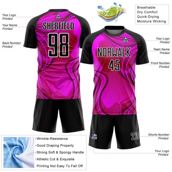 Custom Hot Pink Black-White Waves Sublimation Soccer Uniform Jersey Custom Hot Pink Black-White Waves Sublimation Soccer Uniform Jersey