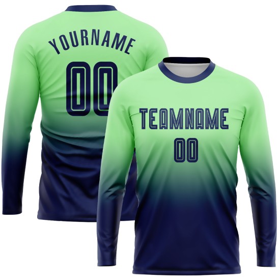 Custom Pea Green Navy Sublimation Long Sleeve Fade Fashion Soccer Uniform Jersey Custom Pea Green Navy Sublimation Long Sleeve Fade Fashion Soccer Uniform Jersey