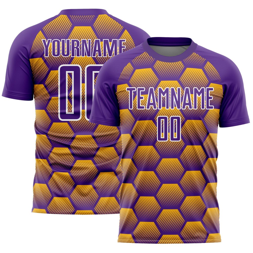 Custom Purple Gold-White Hexagons Pattern Sublimation Soccer Uniform Jersey Custom Purple Gold-White Hexagons Pattern Sublimation Soccer Uniform Jersey