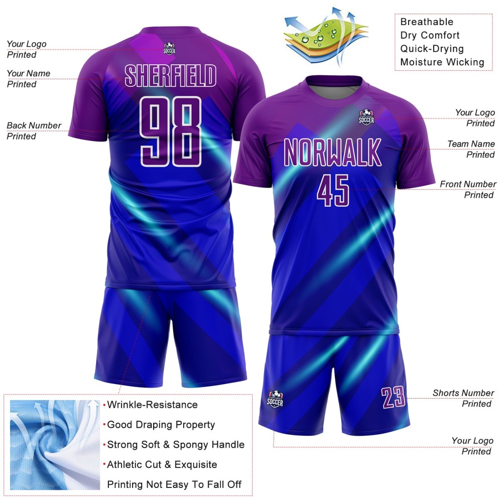 Custom Royal Purple-White Lines Sublimation Soccer Uniform Jersey Custom Royal Purple-White Lines Sublimation Soccer Uniform Jersey