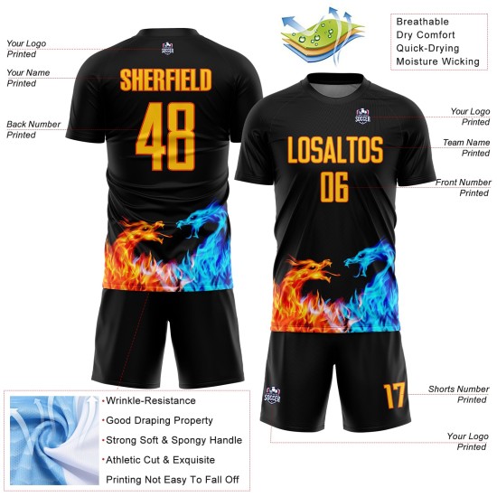 Custom Black Yellow-Orange Dragon Flame Sublimation Soccer Uniform Jersey Custom Black Yellow-Orange Dragon Flame Sublimation Soccer Uniform Jersey