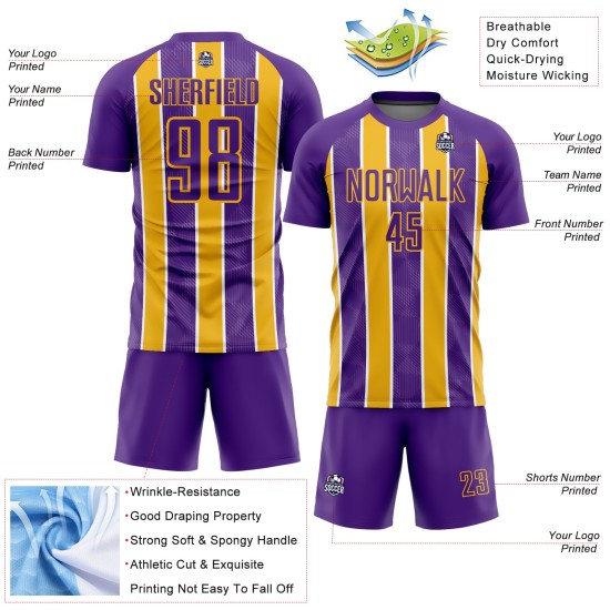 Custom Purple Gold-White Stripes Sublimation Soccer Uniform Jersey Custom Purple Gold-White Stripes Sublimation Soccer Uniform Jersey