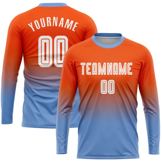 Custom Orange White-Light Blue Sublimation Long Sleeve Fade Fashion Soccer Uniform Jersey Custom Orange White-Light Blue Sublimation Long Sleeve Fade Fashion Soccer Uniform Jersey