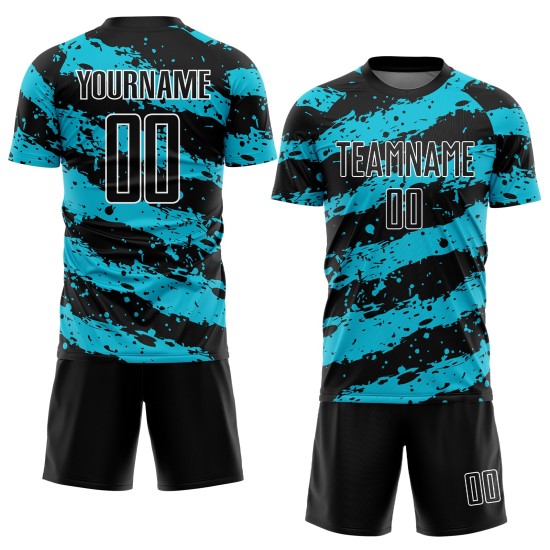 Custom Black Lakes Blue-White Splash Sublimation Soccer Uniform Jersey Custom Black Lakes Blue-White Splash Sublimation Soccer Uniform Jersey