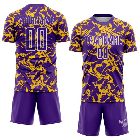 Custom Purple Gold-White Abstract Fluid Sublimation Soccer Uniform Jersey Custom Purple Gold-White Abstract Fluid Sublimation Soccer Uniform Jersey